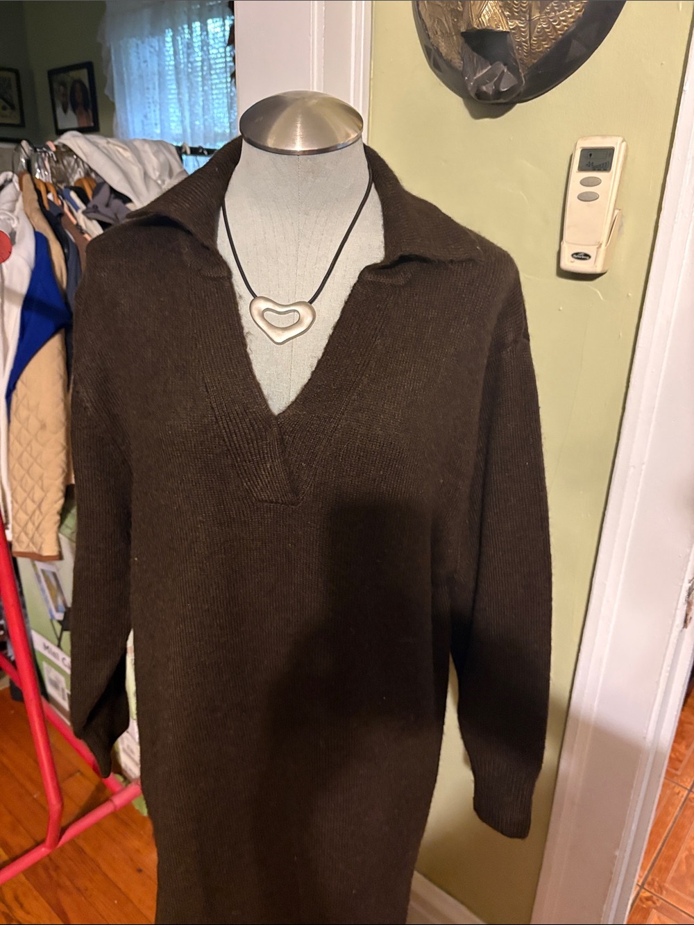 Brown V-Neck Collared Women's Sweater dress
